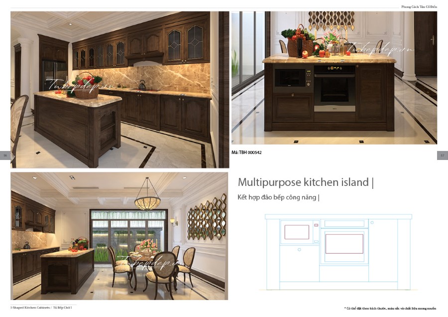 Thiết kế phòng bếp biệt thự tân cổ điển gỗ óc chó